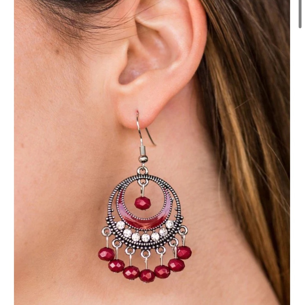 PAPARAZZI "MEET ME AT MIDNIGHT" RED BEAD ORNATE SILVER FRAME EARRINGS